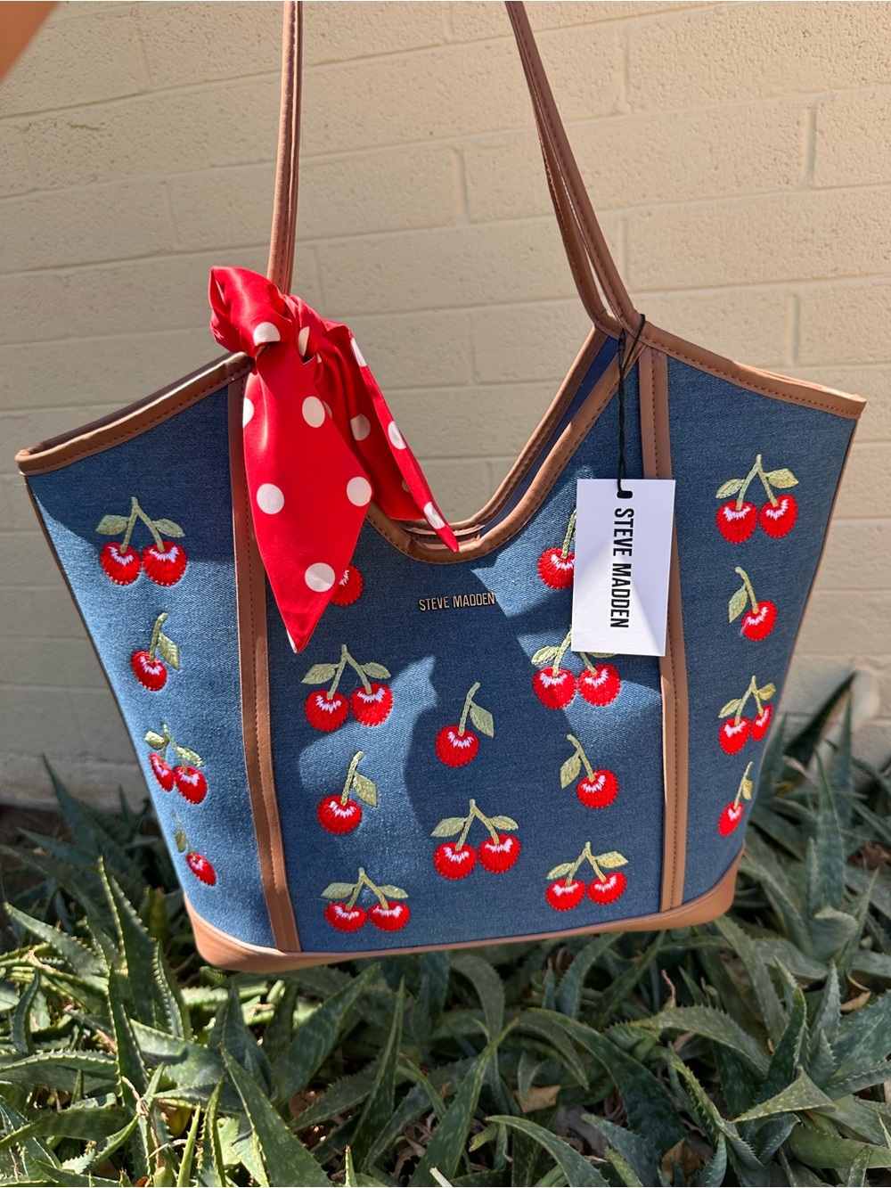 Steve Madden Blue Cherry Embroidered Tote with Red Polka Dot Scarf